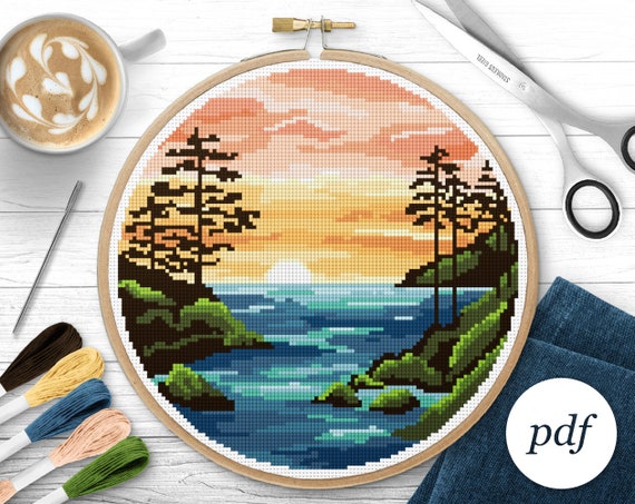 Sunset Over the Ocean Cross Stitch Pattern, Instant Download PDF, Counted Cross Stitch, Embroidery Pattern, PDF Pattern
