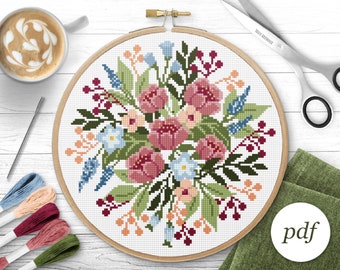 Bouquet Cross Stitch Pattern, Instant Download PDF, Counted Cross Stitch, Embroidery Pattern, PDF Pattern, Digital Cross Stitch Pattern