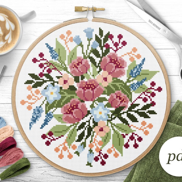 Motivo a punto croce Bouquet, Download istantaneo PDF, Punto croce contato, Schema ricamo, Schema PDF, Schema punto croce digitale