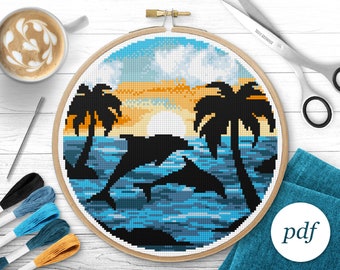 Dolphins Cross Stitch Pattern, Instant Download PDF, Counted Cross Stitch, Embroidery Pattern, PDF Pattern, Digital Cross Stitch Pattern