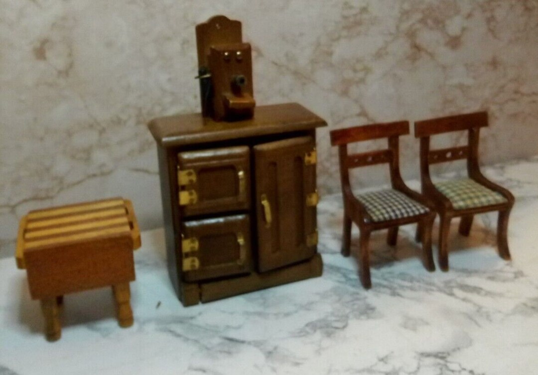 Vintage Dollhouse Kitchen Furniture Chop Block Ice Box Phone Chairs 112 Etsy