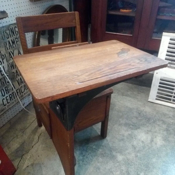 1920's Solid Oak Adjustable Student School Desk With Inkwell Attachment PICK UP ONLY