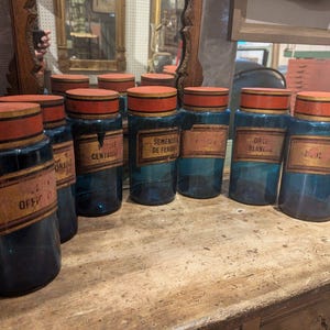 Rare Set of Seven 19th Century French Blue Glass Apothecary Jars
