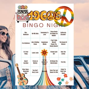 Bingo musical dos anos 60, cartelas de bingo musical, era dos anos 60, música dos anos 60, jogos de festa, jogo de bingo, download digital, faça amor, não faça guerra, paz, The Beatles