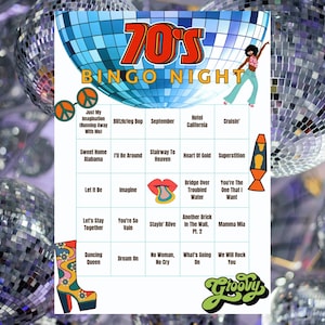 1970er Jahre Musik Bingo, Musik Bingo, Elton John, Donna Summer, Disco, lustige Gesellschaftsspiele, Erde, Wind & Feuer, Rock And Roll, Lieder aus den 1970ern