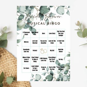 Bingo musical para despedida de soltera, Bingo musical, Juegos para despedida de soltera, Juegos para bodas, Descargas digitales, Tarjetas de bingo imprimibles, Eucalipto, Amor