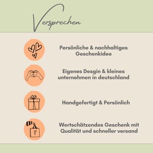 Op de afbeelding: Lichtgroene achtergrond met het woord "Versprechen" in cursief schrift. De afbeelding toont vier oranje cirkels met iconen en Duitse tekst: "Pers&ouml;nliche & nachhaltiges Geschenkidee", "Eigenes Desgin & kleines unternehmen in deutschland", "Handgefertigt & Pers&ouml;nlich" en "Wertsch&auml;tzendes Geschenk mit Qualit&auml;t und schneller versand."