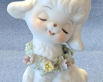 Vtg 50s Lamb Mini 2" Figurine Bone China  NAPCO Spaghetti Trim Flowers