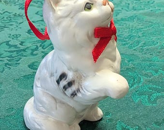 Vintage Grey Tabby Cat Kitten Porcelain Christmas Ornament