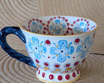 Anthropologie Elka Ayaka Blue Floral Footed Cup Twist Handle Painted