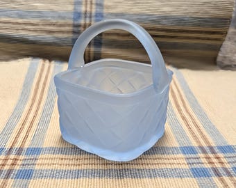 Vintage Art Glass Basket Frosted Blue Trinket/Candy Dish