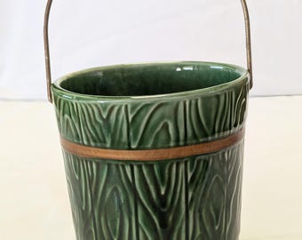 Vintage MCM  Hull USA Green Ceramic Bucket with Handle Planter/Pot