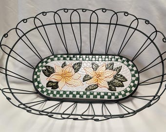 Farmhouse Green Wire Basket w/Floral Checked Ceramic Tile 16x11x6