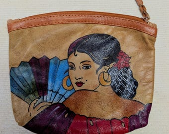 Vintage 80s/90s Emily Ann Boca Raton Lady Hand Painted Leather Cosmetic Bag