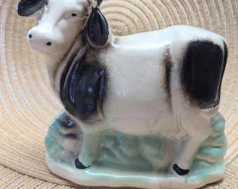 Vtg Dairy Cow Figurine Handpainted Ceramic 5"x5" Farmhouse Decor Made In Brazil