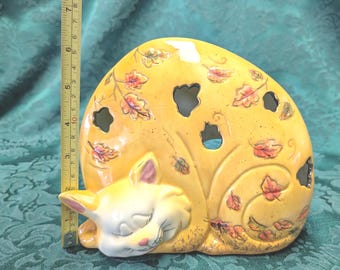 Vintage Ceramic Whimsical Autumn Cat Tea Light Night Light