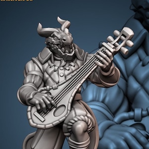 May include: A grey 3D printed miniature of a humanoid lizard playing a lute while sitting on a stool. The miniature is posed in a standing position with the lute held in front of the figure. The miniature is set on a round base.