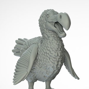 May include: A 3D printed model of a Dodo bird, a flightless bird that went extinct in the 17th century. The model is shown from two different angles, with the bird's head turned to the side in each image. The model is a light gray color and has a textured surface.