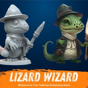 May include: A green and grey painted miniature figurine of a lizard wizard wearing a hat and holding a staff. The miniature is for tabletop roleplaying games.