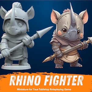 May include: A gray rhino warrior miniature figurine holding a spear. The miniature is painted in a realistic style and is ready for tabletop roleplaying games.