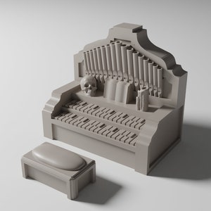 May include: A gray wooden pipe organ with a skull on top and a matching gray wooden stool. The organ has two rows of keys and a set of pipes.