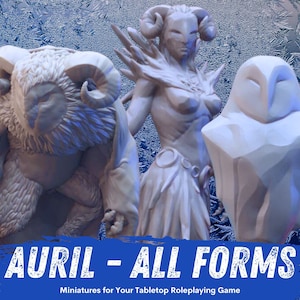 May include: A set of three white painted miniature figurines depicting different forms of the deity Auril. The first figurine is a furry, horned creature with a human-like face. The second figurine is a female figure with horns and a flowing gown. The third figurine is a tall, slender figure with a bird-like head. The text "Auril - All Forms" is printed below the figurines.