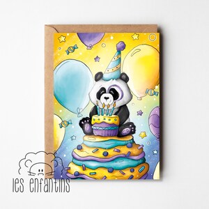 Carte de souhaits - carte de fête - carte anniversaire - carte pour enfant - carte pour bébé - baptême - naissance - 4 ans - panda - ballons