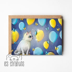 Carte de voeux - Le chat blanc et les papillons