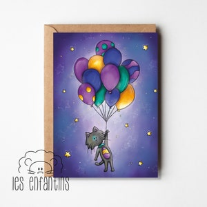 Carte anniversaire - carte fête - carte de souhaits - carte de voeux - carte enfant - bébé - fille - garçon - naissance - chat noir ballons