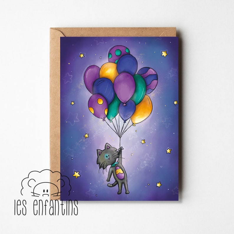 Carte anniversaire - carte fête - carte de souhaits - carte de voeux - carte enfant - bébé - fille - garçon - naissance - chat noir ballons image 1