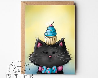 Carte d’anniversaire - carte de souhaits - carte de fête - carte de voeux - amoureux des chats - carte enfant - chat noir - cupcake