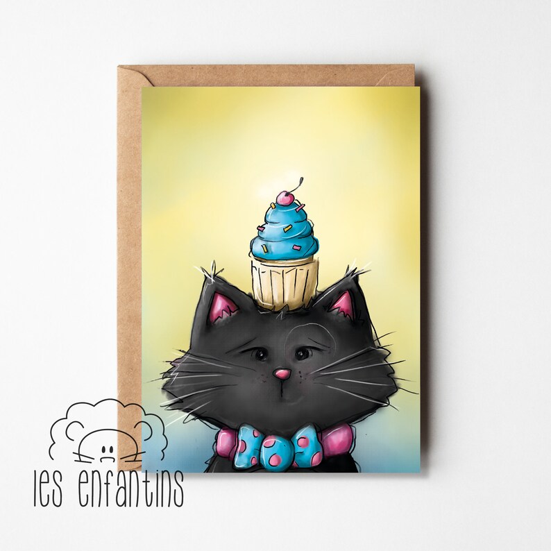 Carte d’anniversaire - carte de souhaits - carte de fête - carte de voeux - amoureux des chats - carte enfant - chat noir - cupcake image 1