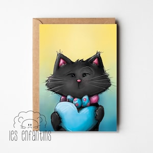 Greeting card - wish card - birthday - valentine's day - cat lover - love - black cat - blue heart - made in Canada