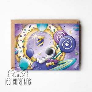 Carte d’anniversaire - carte de souhaits - carte de fête - carte de voeux - pour bébé - enfant - astronaute bonbons espace