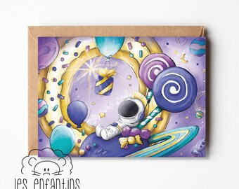 Carte d’anniversaire - carte de souhaits - carte de fête - carte de voeux - pour bébé - enfant - astronaute bonbons espace