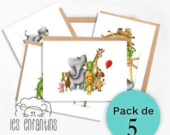 Paquet cartes de souhaits - pack de 5 cartes de voeux - cartes d'anniversaire - carte de fête - paquet de cartes - enfants - animaux - bébé