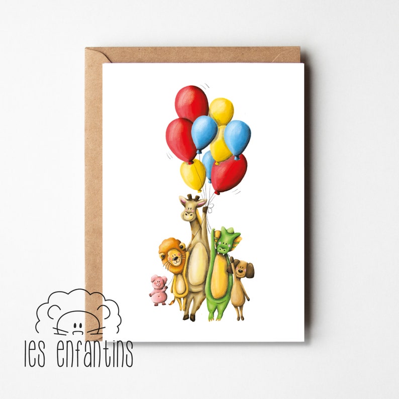 Carte de souhaits - Les animaux s'envolent en ballons imagem 1
