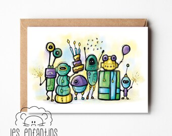 Carte d’anniversaire - carte de souhaits - carte de fête - garçon - bébé - carte de voeux - shower bb - fille - fait au québec - robots