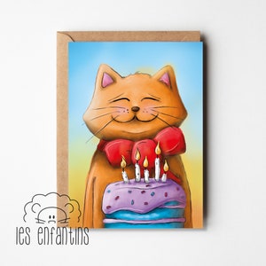 Carte anniversaire - carte de souhaits - carte de voeux - fête - carte enfant fête 4 ans - carte bébé amoureux chats - chat gâteau fête