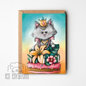 Carte d’anniversaire - carte de souhaits - carte de voeux - bébé - enfants - fille - garçon - chat gâteau - naissance - chaton - pensée