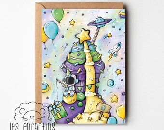 Greeting card - party card - greeting card - birthday card - children - baby - space astronaut - birth - boy - planet