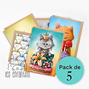 Paquet cartes de souhaits - 5 cartes - carte de fête - carte de voeux - anniversaire - chats - chatons - bébé - enfant - naissance - fille
