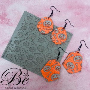 100x95mm Texture Mat for Polymer Clay | Pumpkin Bones Halloween Autumn | Rubber Pattern Sheet | Unique Design | Earrings | UK | Clay Tools