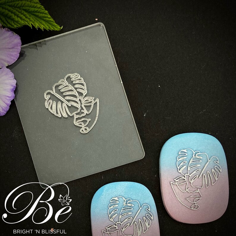 Debossing Stamp Raised Effect Beautiful Pattern Polymer Clay Tools Easy to Use Embossing Earrings Linedrawing face Monstera leaf image 2