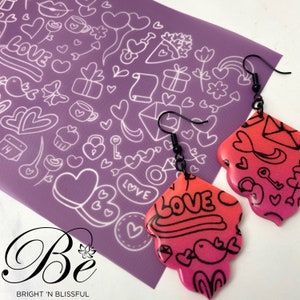 Love Doodle | Polymer Clay Silk Screen Stencil | UK | Pattern Silkscreen | Stencils | Earrings | Jewellery | Valentines | Clay Tools