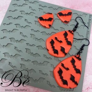 100x95mm Texture Mat for Polymer Clay | Bats Halloween | Rubber Pattern Sheet | Unique Design | Earrings | UK | Clay Tools | Flexible Stamp