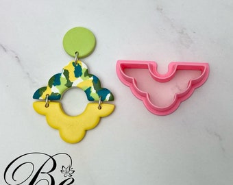 Puede incluir: Un conjunto de dos pendientes de arcilla polimérica con un patrón abstracto verde, amarillo y azul. Los pendientes tienen forma de nube con un círculo en el medio. El conjunto también incluye un molde de plástico rosa con forma de nube con un círculo en el medio.