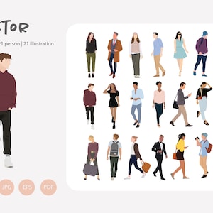 May include: A collection of 21 illustrations of people walking in various outfits and poses. The illustrations are in a flat style and are set against a white background.