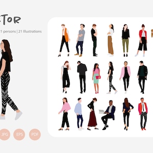以下が含まれることがあります： さまざまなポーズと服装をした人々のベクターイラスト21点セット。イラストはフラットスタイルで、デザインプロジェクトでの使用に最適です。