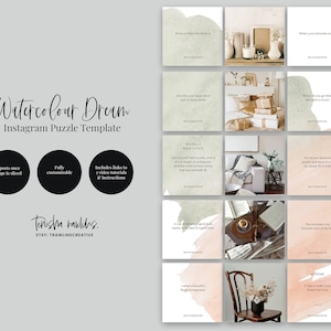 Watercolour 15 Post Instagram puzzle template, Instagram grid template for Canva, Pastel puzzle template, Digital download